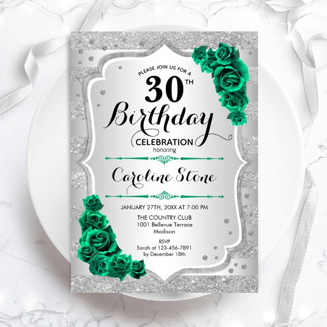 Grönt Silver Elegant Blommigt 30års födelsedag Inbjudningar (Skapare uppladdad)