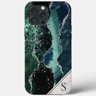 Grönt Silver Glitter Marble Geode Agate Monogram