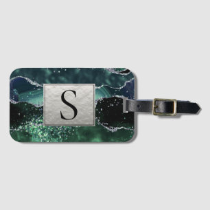 Grönt Silver Glitter Marble Geode Agate Monogram  Bagagebricka