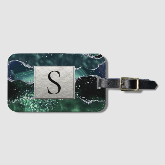Grönt Silver Glitter Marble Geode Agate Monogram Bagagebricka (Framsida horisontal)