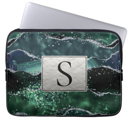 Grönt Silver Glitter Marble Geode Agate Monogram Laptop Fodral