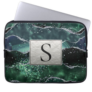 Grönt Silver Glitter Marble Geode Agate Monogram Laptop Fodral