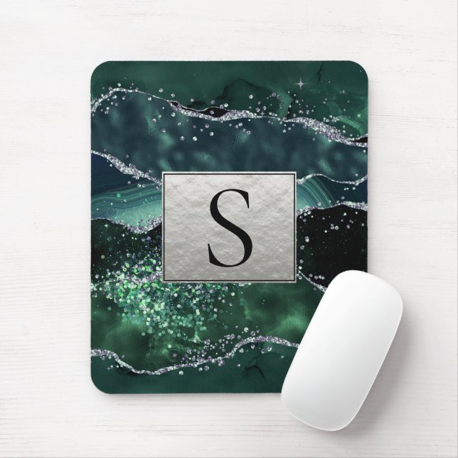 Grönt Silver Glitter Marble Geode Agate Monogram Musmatta (Med mus)