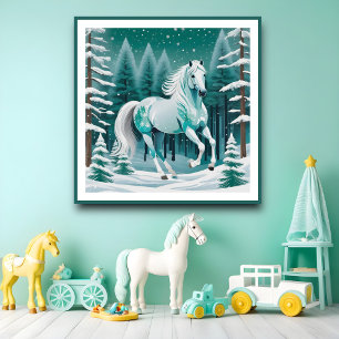 Grönt Silver Horse in Enchanted Forest Poster
