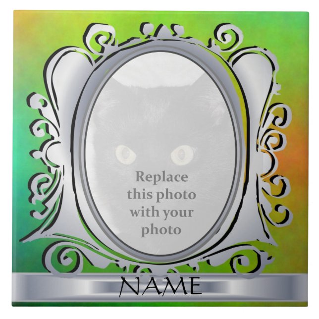 Grönt Silver Oval Photo Ram med Namn Tile Kakelplatta (Framsidan)