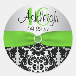 Grönt, Silver, Svart Damask Sweet 16 Sticker Runt Klistermärke
