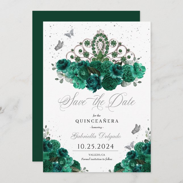 Grönt & Silver Tiara Spara datumet Quinceañera Inbjudningar (Fram/baksida)