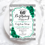 Grönt Silver White Rand Ro 60:e födelsedagen Inbjudningar<br><div class="desc">60 Födelsedagsfest inbjudan. blommigt av elegant framträder genom grönt med ro. Funktioner för faux glitter silver och white rand och skript. Perfekt för en snyggt kvinnor i firande. Kan anpassas för vilken ålder som helst! Skrivna Zazzle-inbjudningar eller digital utskrivbar mall för omedelbar nedladdning.</div>