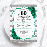 Grönt Silver White Surprise 60:e födelsedagen Inbjudningar<br><div class="desc">Överraskande 60 Födelsedagsfest inbjudan. Feminine emerald grönt design med faux glitter silver. Innehåller vitt och silver rand,  ro,  skriptteckensnitt och konfekti. Perfekt för en elegants damdag i firande. Kan vara personlig att visa vilken ålder som helst. Skrivna Zazzle-inbjudningar eller digital utskrivbar mall för omedelbar nedladdning.</div>