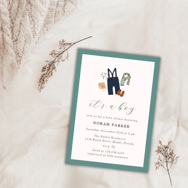 Grönt Simple Ram Boy Clothes Baby Shower Inbjudningar (Sage Green Simple Frame Boy Clothes Baby Shower Invitation)