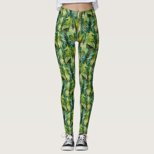 Grönt & skalvattensfärg Tropical Handflatan Löv Leggings