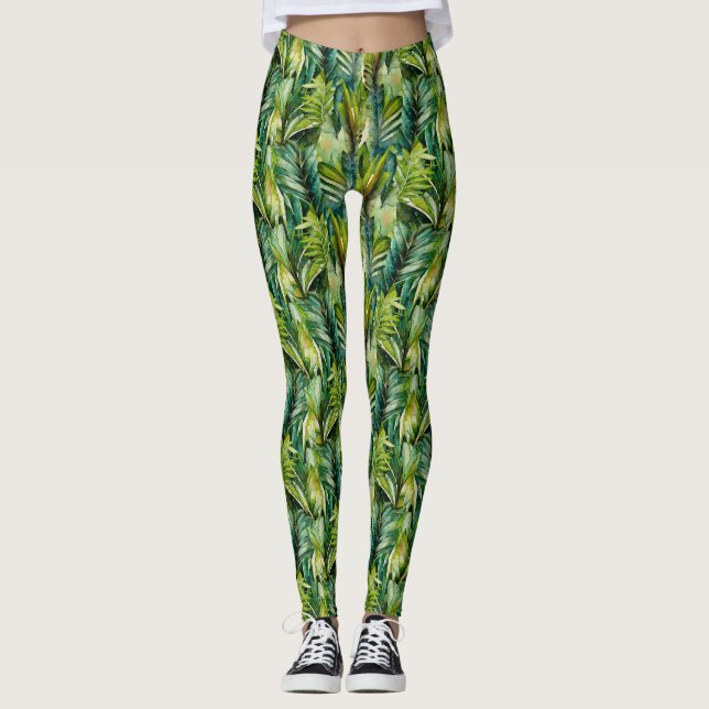 Grönt & skalvattensfärg Tropical Handflatan Löv Leggings (Framsida)
