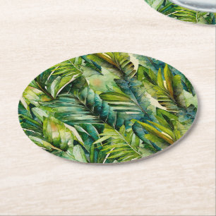 Grönt & skalvattensfärg Tropical Handflatan Löv Underlägg Papper Rund