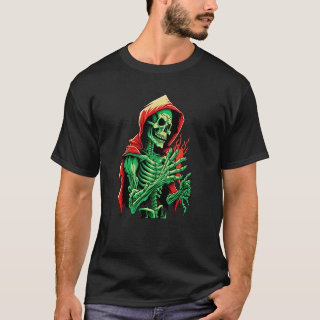 Grönt Skeleton Gothic and Occult Odöda Dödsskel T Shirt (Framsida)