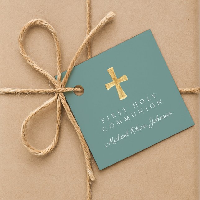 Grönt Skript Kors Pojke Första Kommunion  Gåvor Etiketter (Green Script Cross Boy First Communion Favor Tags)