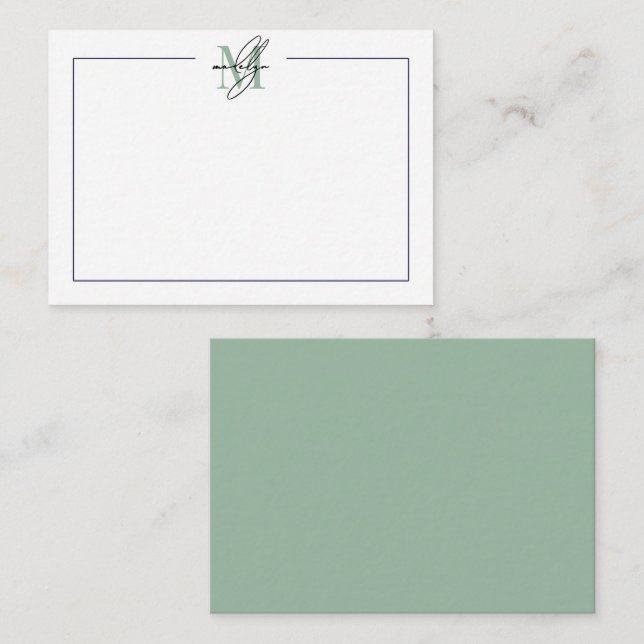 Grönt Skript Minimalistiskt Namn Monogram Anteckningskort (Fram/baksida)