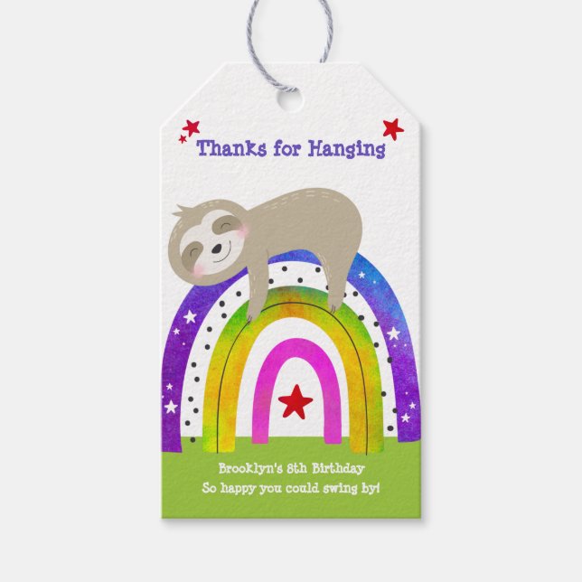Grönt Sloth Boho Rainbow Modern Birthday Tack Presentetikett (Framsidan)