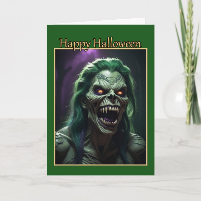 Grönt Snake Monster Halloween-kort Helgkort (Framsida)