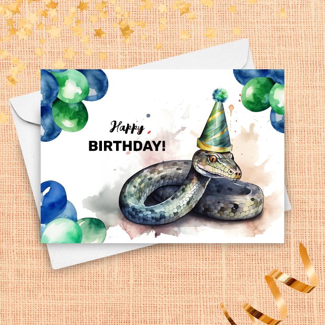 Grönt Snake with Balloons and Party Hat Birthday Kort (Skapare uppladdad)