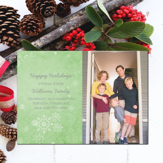 Grönt Snöflake Swirls Helgdag - fotopatkort Julkort (Green Snowflake Swirls Holiday Photo Card)