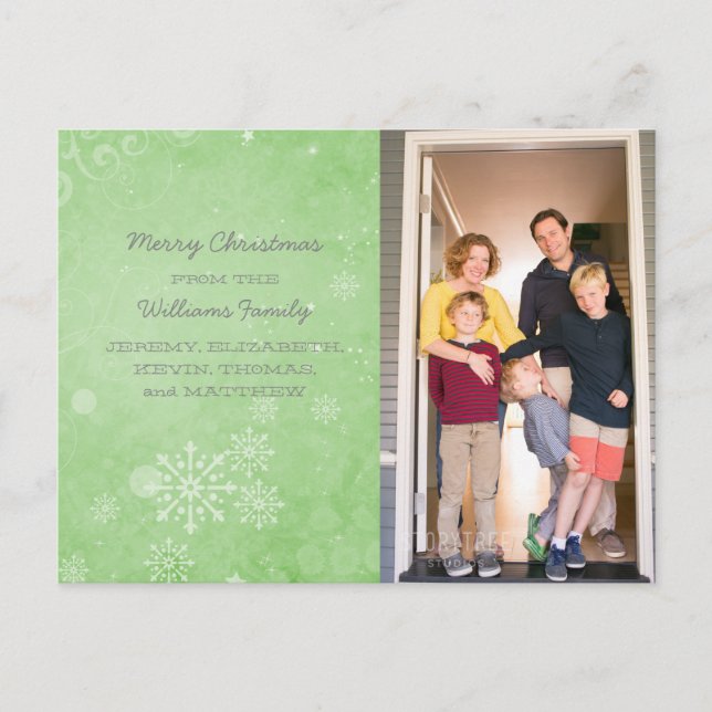 Grönt Snöflake Swirls Helgdag Fotovykort Helg Vykort (Framsida)