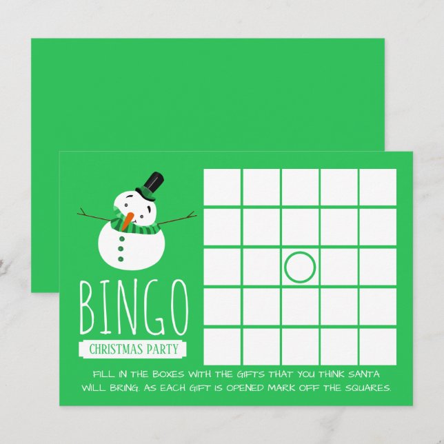 Grönt Snögubbe, jul Party Bingo Inbjudningar (Fram/baksida)