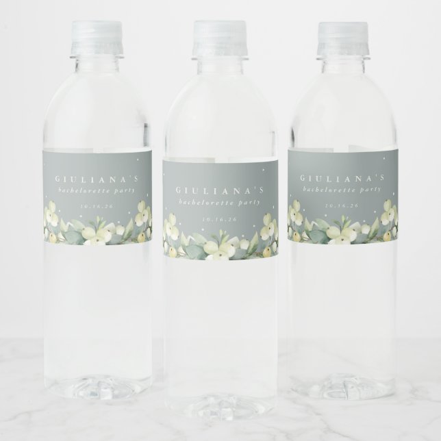 Grönt Snowberry+Eucalyptus Bachelorette/Shower Vattenflaskor Etikett (Flaskor)