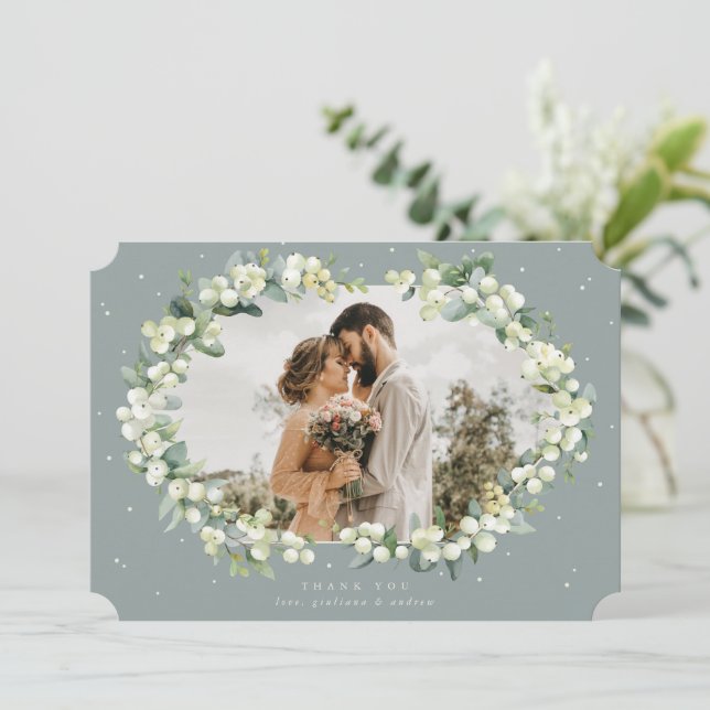 Grönt Snowberry+Eucalyptus Bröllop Flat Photo Tack Kort (Stående Fram)