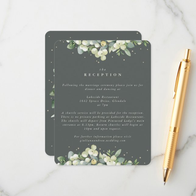 Grönt Snowberry+Eucalyptus Edged Wedding Reception Tilläggskort (Fram/Back In Situ)