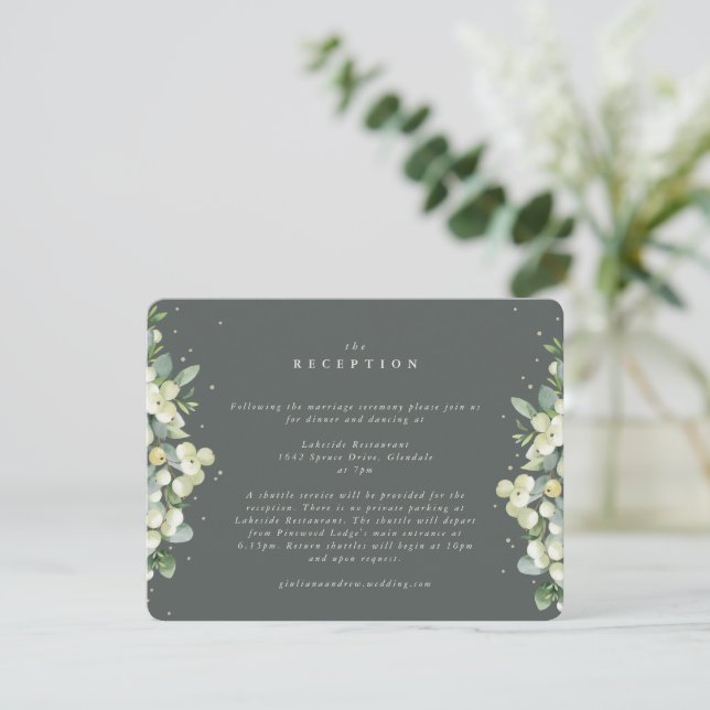 Grönt Snowberry+Eucalyptus Edged Wedding Reception Tilläggskort (Stående Fram)