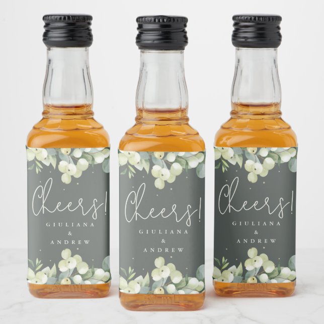 Grönt Snowberry+Eucalyptus Winter Wedding Mini Spritflaskor Etikett (Flaskor)