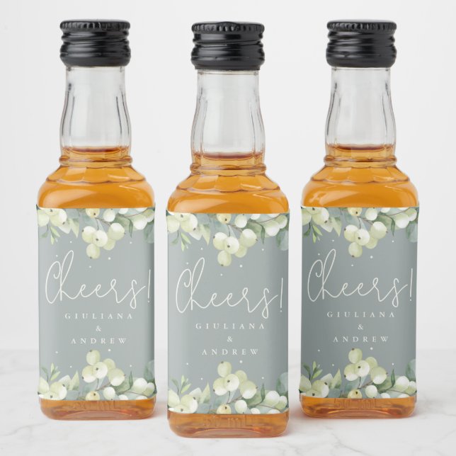 Grönt Snowberry+Eucalyptus Winter Wedding Mini Spritflaskor Etikett (Flaskor)
