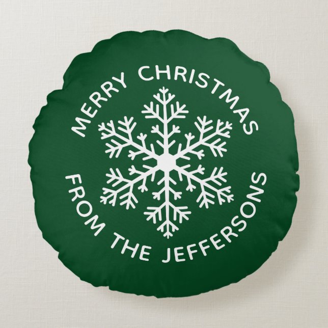 Grönt Snowflake-julrundan Pillow Rund Kudde (Framsidan)
