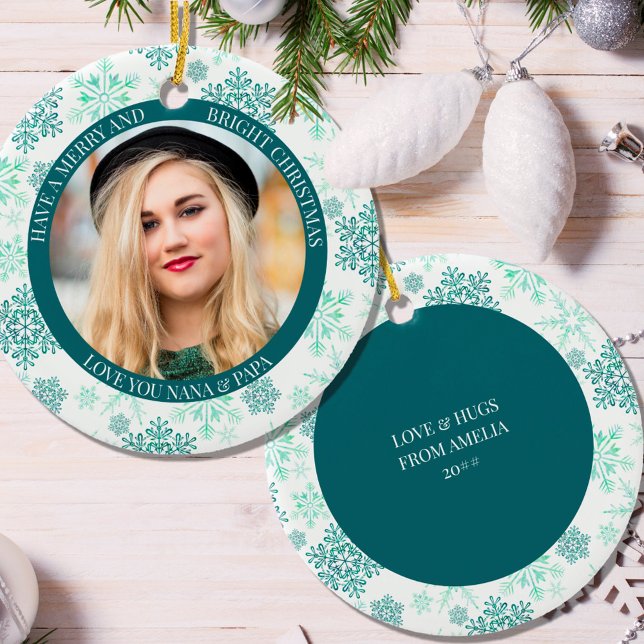 Grönt Snowflake Merry Bright och julfoto Julgransprydnad Keramik (Skapare uppladdad)