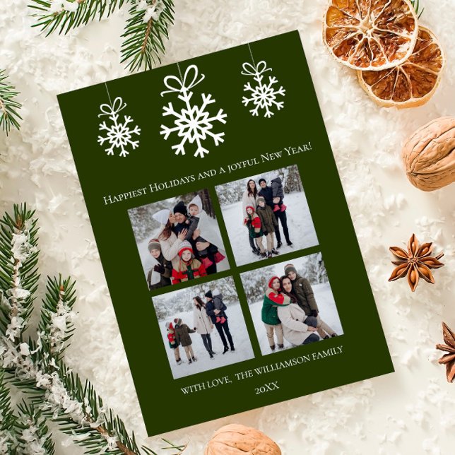 Grönt Snowflake Ornaments Photo Collage Julkort (Green Snowflake Ornaments Photo Collage Holiday Card)