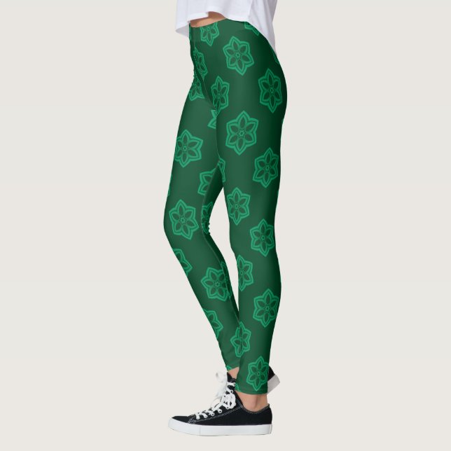 Grönt Snowflake Star Mönster Leggings (Vänster)