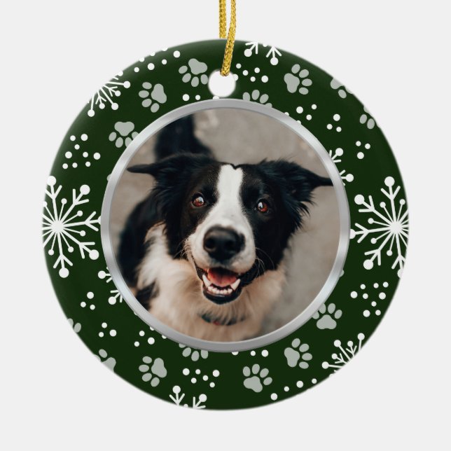 Grönt Snowflake Tass Mönster Pet Photo Julgransprydnad Keramik (Framsidan)