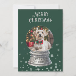 Grönt Snowglobe Snowflake Photo Flat Helgdag Card Julkort