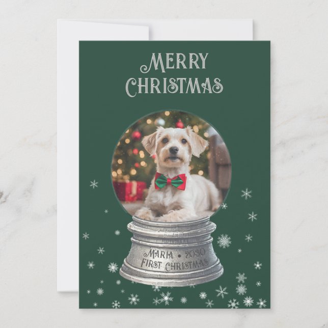Grönt Snowglobe Snowflake Photo Flat Helgdag Card Julkort (Framsida)
