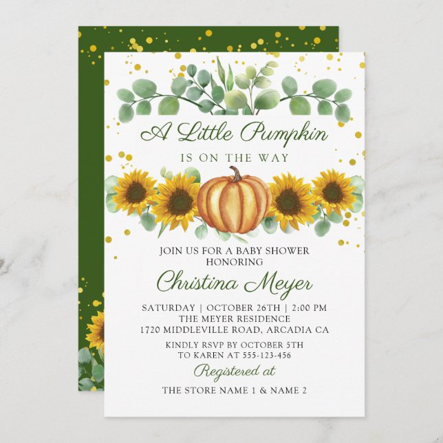 Grönt Solrosor Höst Pumpa Baby Shower Inbjudningar (Fram/baksida)