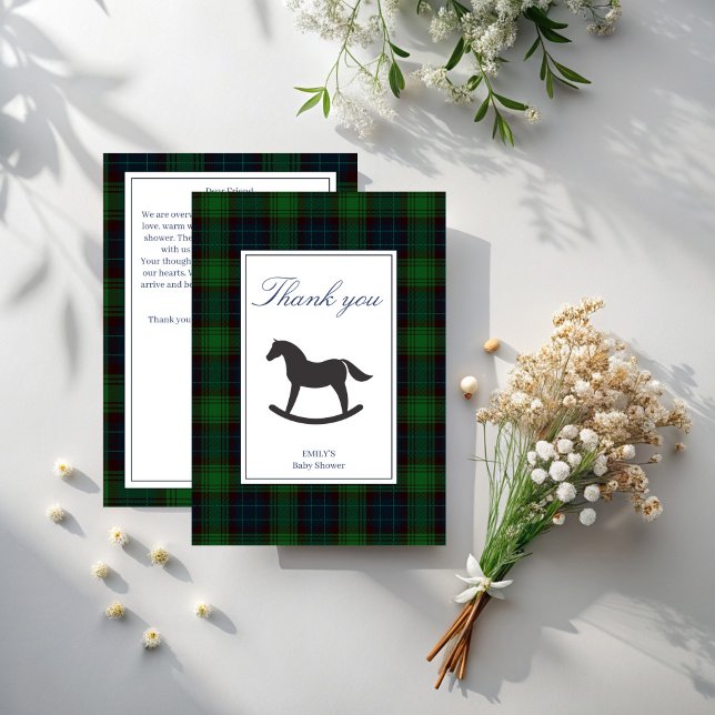 Grönt som rockar på den klassiska babyduschen tack kort (Emerald Green plaid rocking horse classic polo baby shower thank you cards)