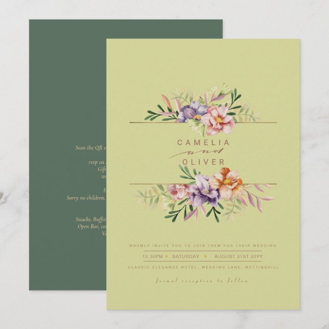 Grönt Sommarbröllopsinbjudan Blommigt QR-kod Inbjudningar (Fram/baksida)