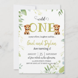 Grönt söta lejonungar tvillingpojkar 1-årsdag In Inbjudningar