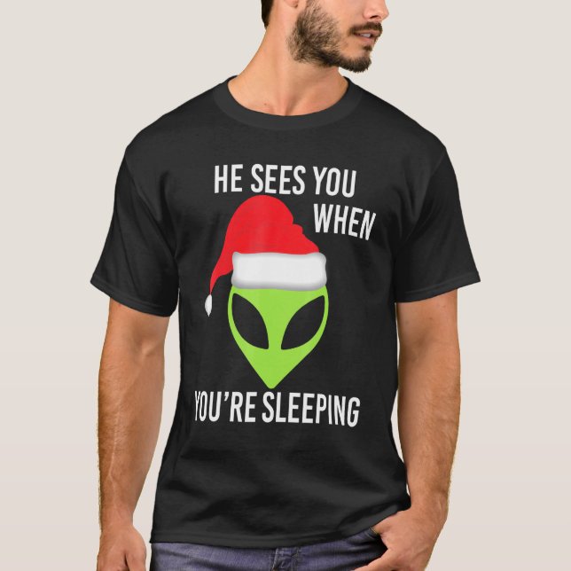 Grönt Space Alien Head Santa Hat Ufo Mar T Shirt (Framsida)