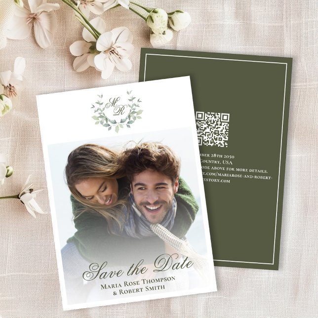 Grönt Spara det klassiska fotot för Bröllop-datum Datumet (Elegant green wedding save the date photo card. )