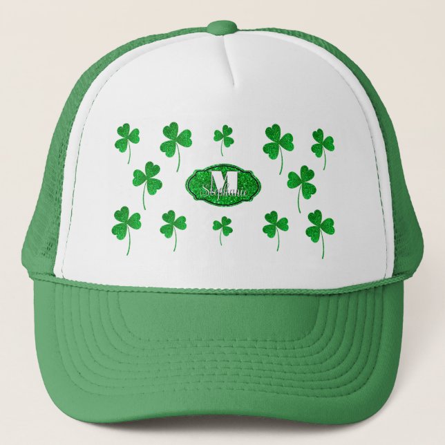 Grönt Sparkly Shamrocks Monogrammed St Patrick Keps (Framsida)