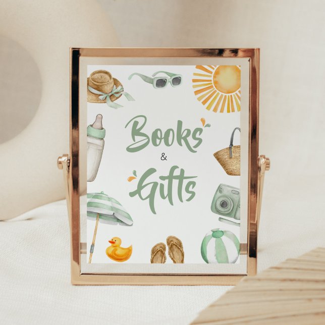 Grönt Splish Stänk Baby Shower Bokar and Gifts Poster (Summer Baby Bash Baby Shower Books and Gifts Sign)
