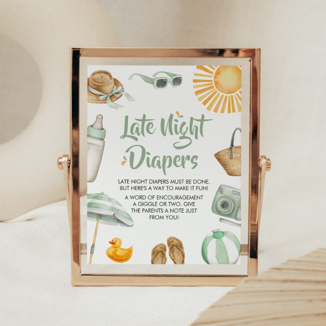 Grönt Split Stänk Baby Shower Late Night Diaper Poster (Summer Baby Bash Baby Shower Late Night Diapers Sign)