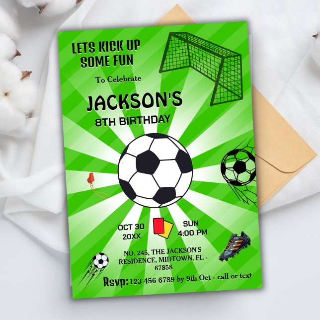 Grönt sport boll-fotboll tema modern 8-årsdag inbjudningar (Skapare uppladdad)