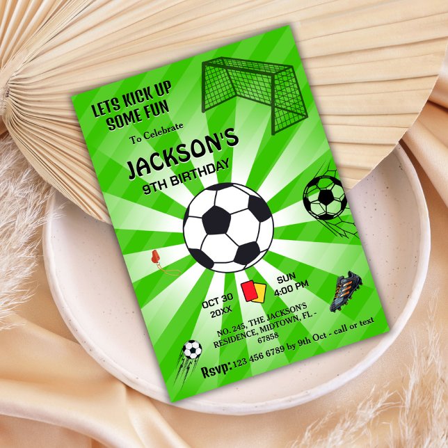 Grönt sport boll-fotboll tema modern 9-årsdag inbjudningar (Skapare uppladdad)